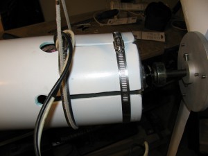 Closeup of the motor clamped to the body